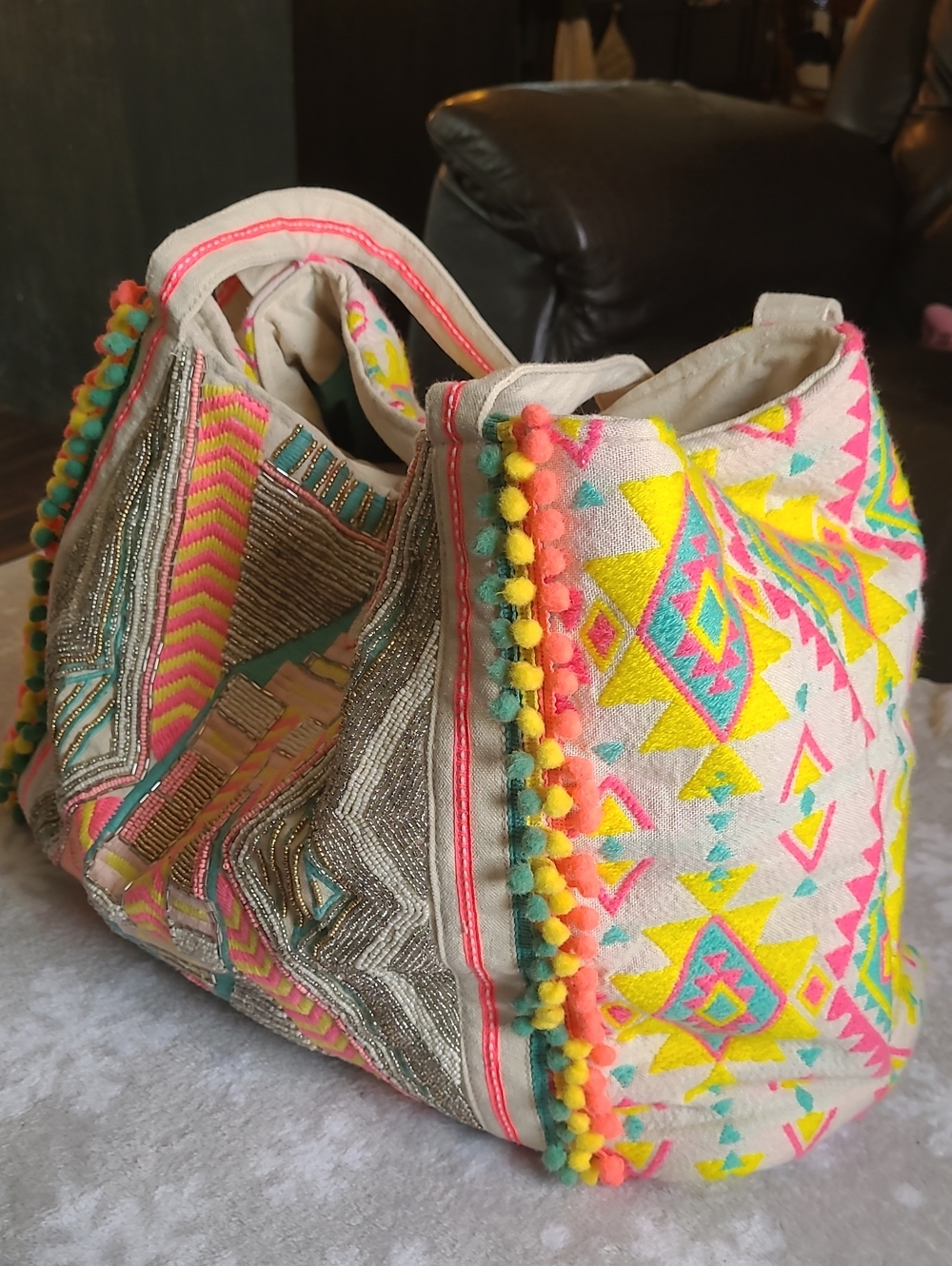 Neon Geo Pom-Pom Canvas Tote - Pink, Yellow, Teal